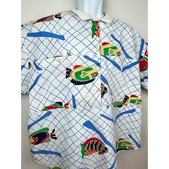Levis Sportswear Vintage 1980's Fish Print Oversize Unisex Cotton Shirt  XL - Picture 5 of 16
